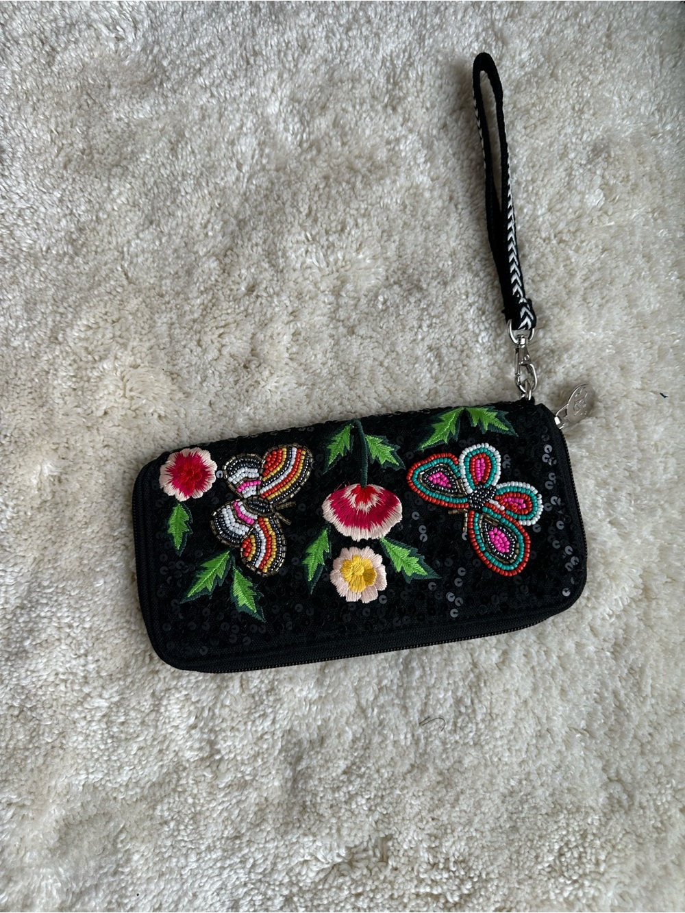 America & beyond black Sequin Wristlet Clutch Colorful Beaded Floral Embroidery